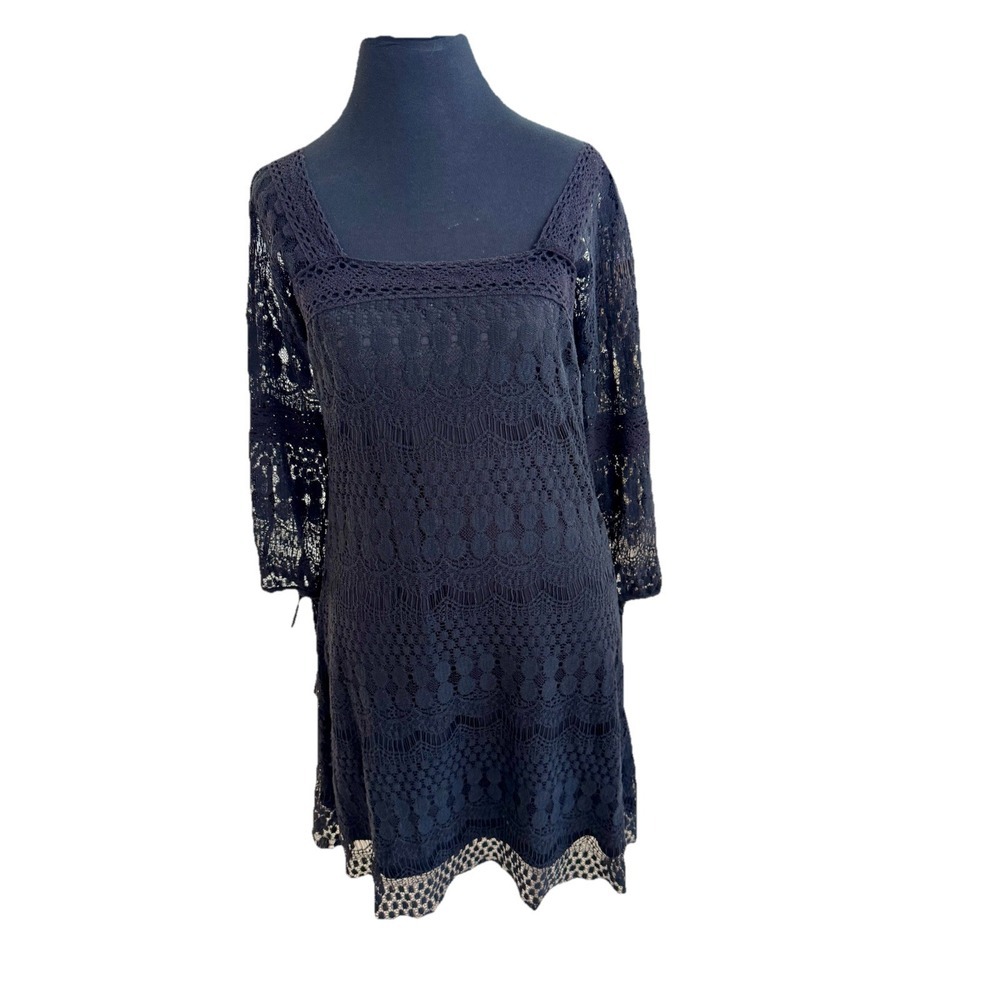 Solitaire by Ravi Khosla Black Lace Lined Empire Waist Boho Dress Sz. M Festival